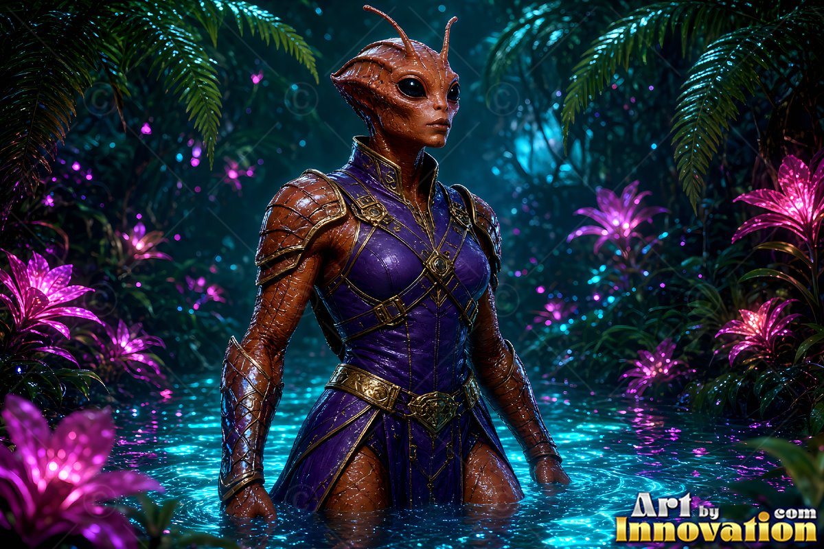 Alien woman in purple armor standing in water in a jungle