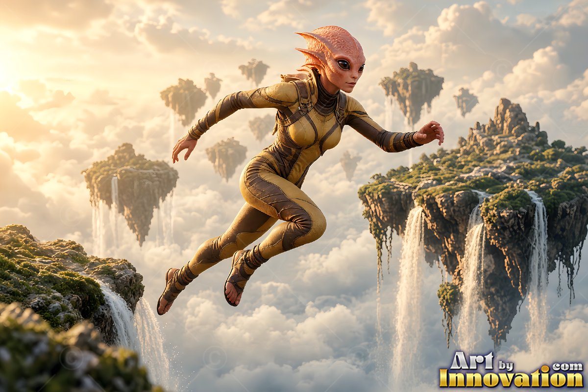 Pink ear fins frame an alien woman in a tan suit jumping between floating islands