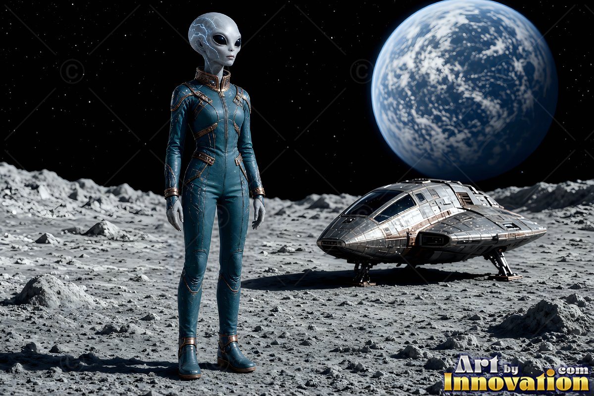 A gray alien woman pauses on a moon in a blue suit under the pale light of an orbit planet