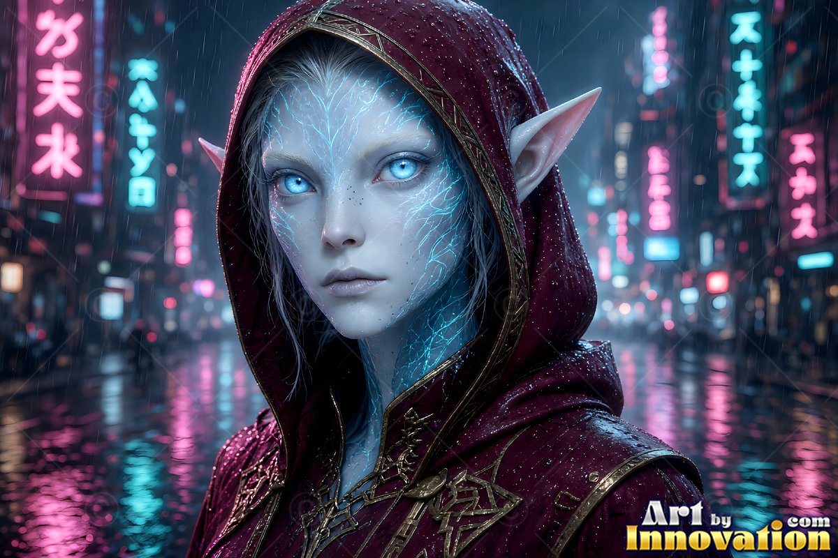 Facing forward on a rainy city street, a blue alien woman wears a red hood
