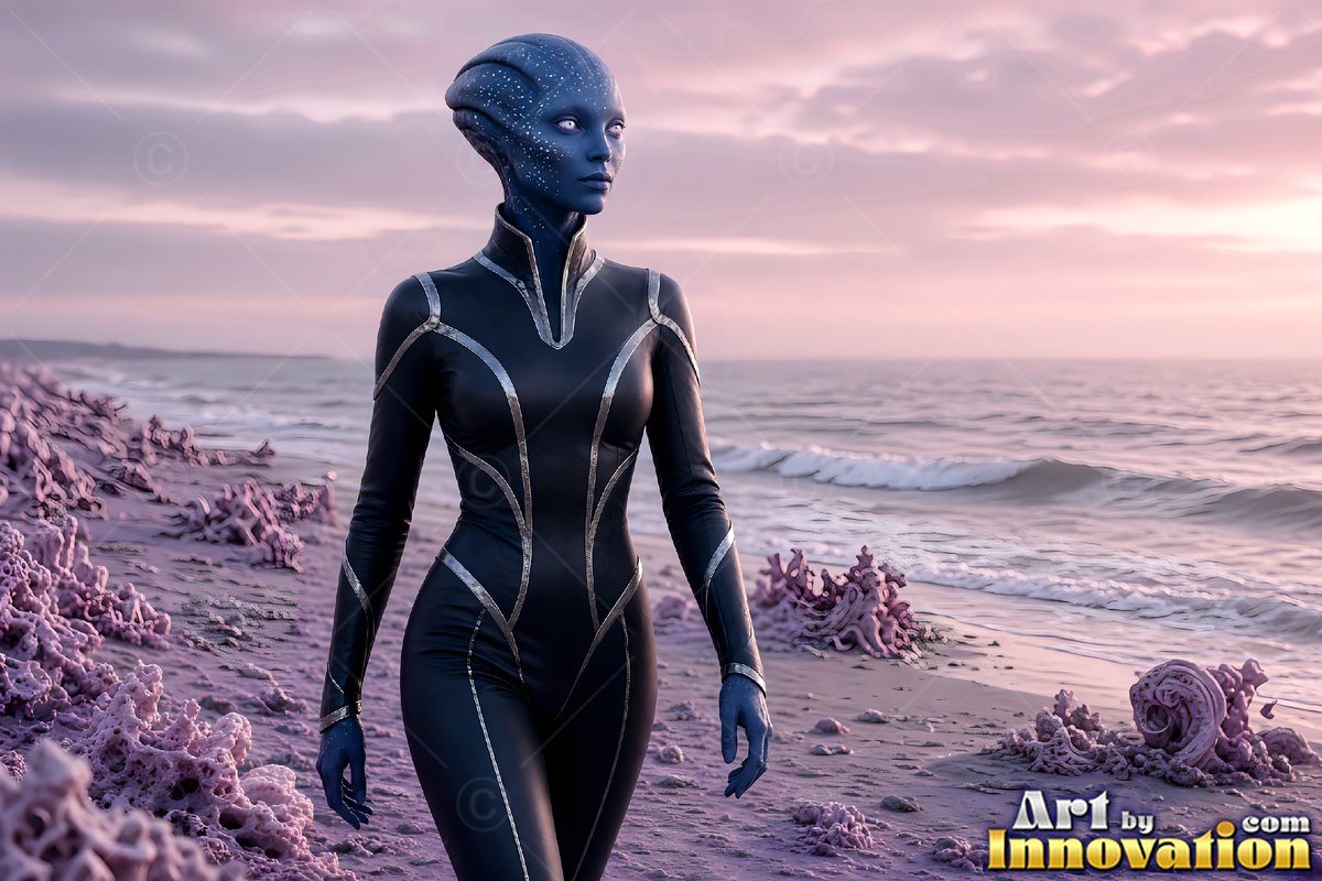 A blue alien woman in a black suit walks along a purple beach under a pink sky