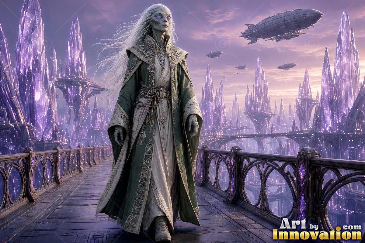 On a bridge near purple crystal towers, an alien woman travels on foot in green robes