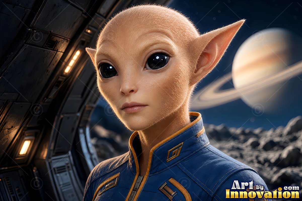 Looking out a spacecraft window, a tan alien woman in a blue jacket faces space