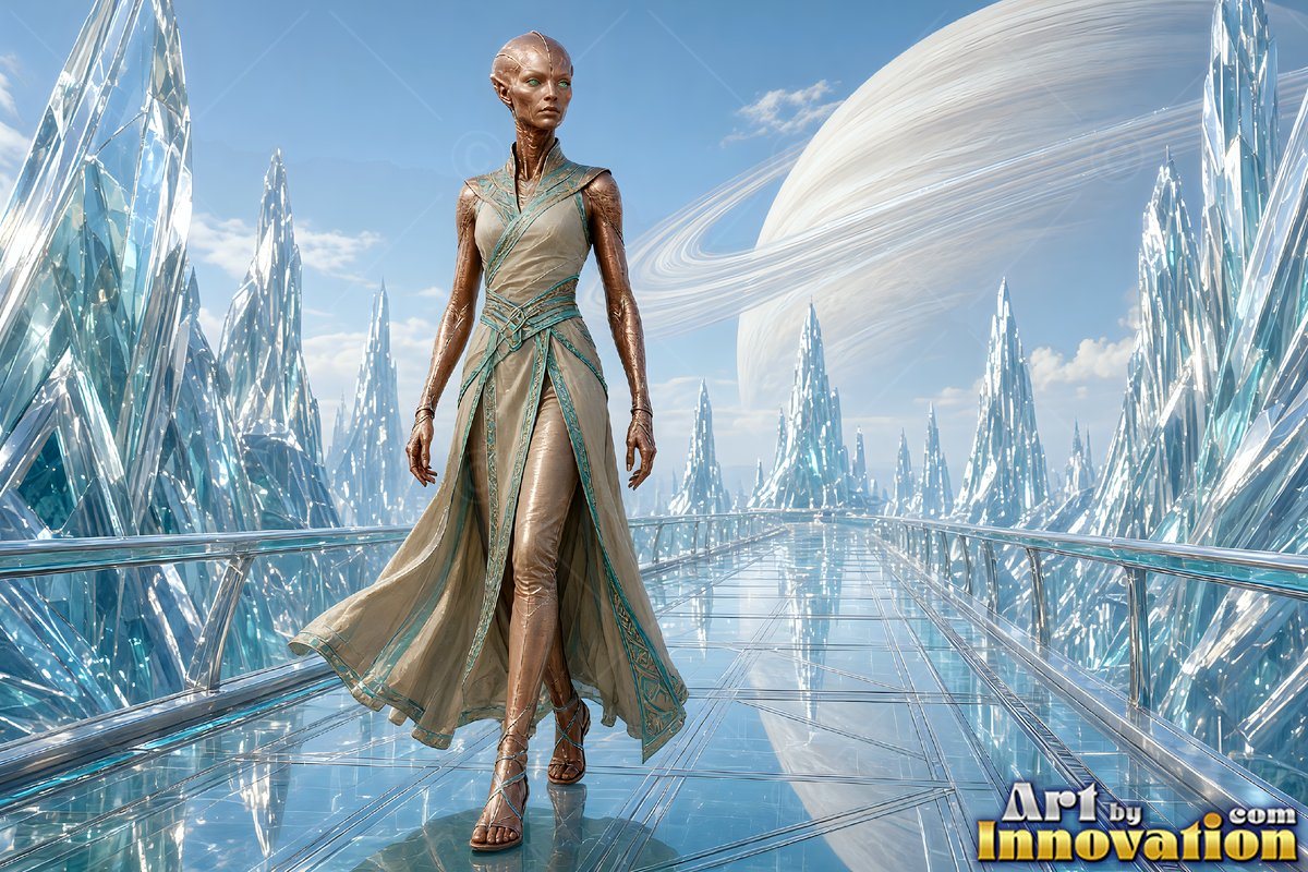 A bald alien woman walks on a glass bridge near icy spires