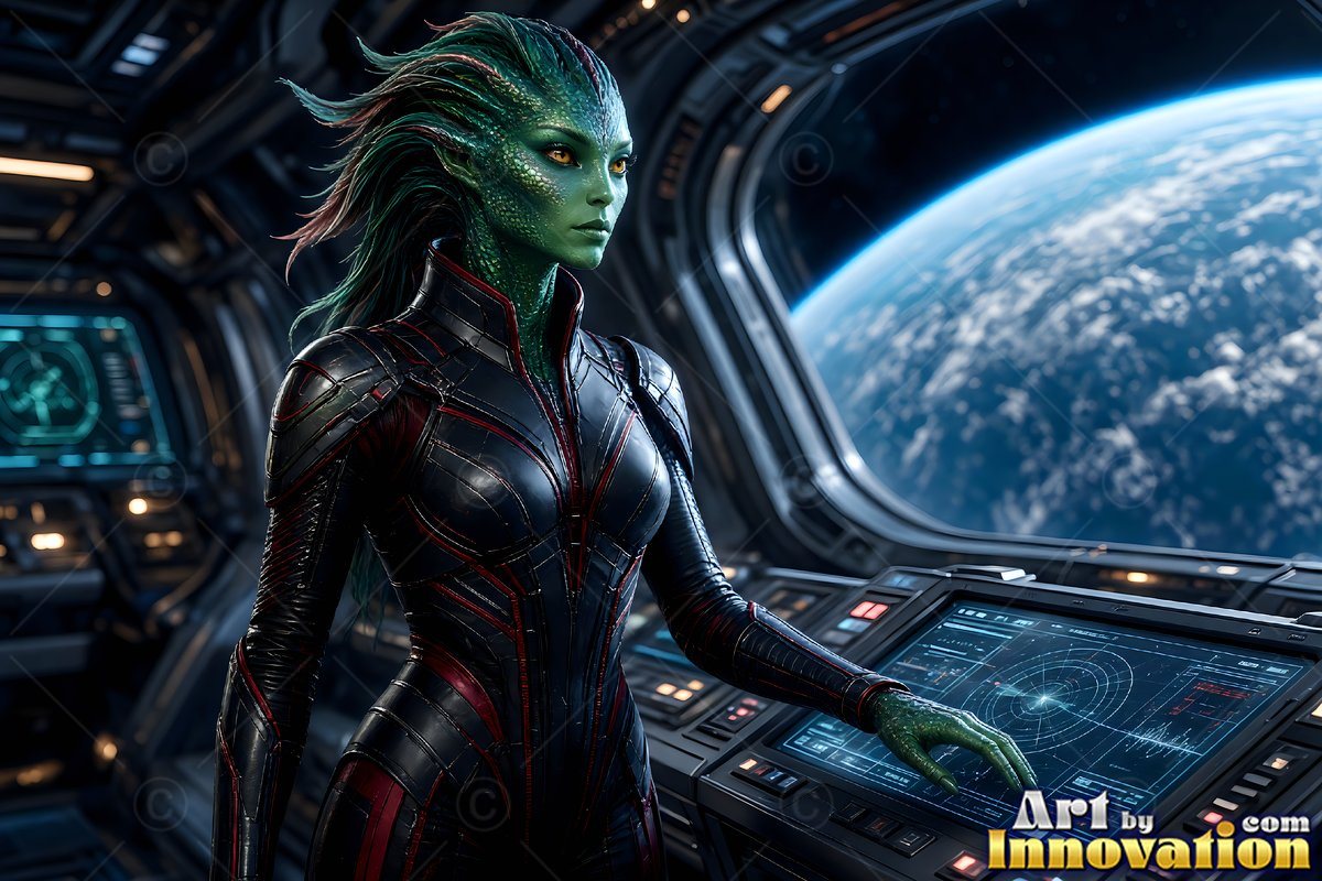 Green scaled skin marks an alien woman standing at a spaceship console by orbit