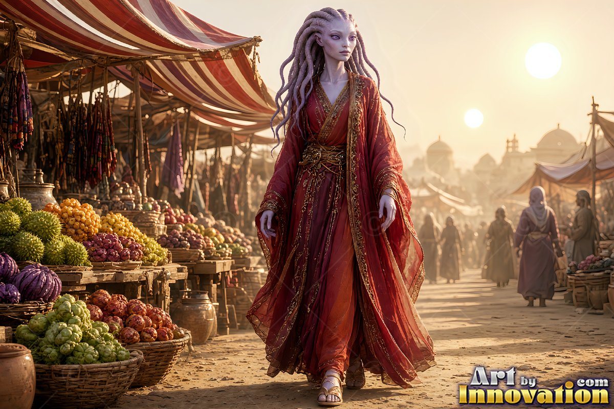 An alien woman walks through an outdoor market in a red robe under two bright suns