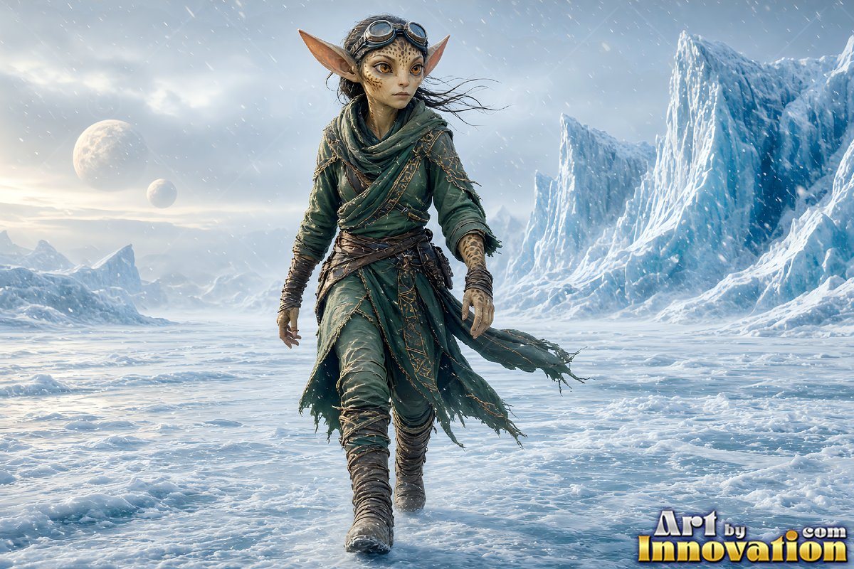 Walking forward in green robes, a pointed-eared alien woman crosses an icy plain
