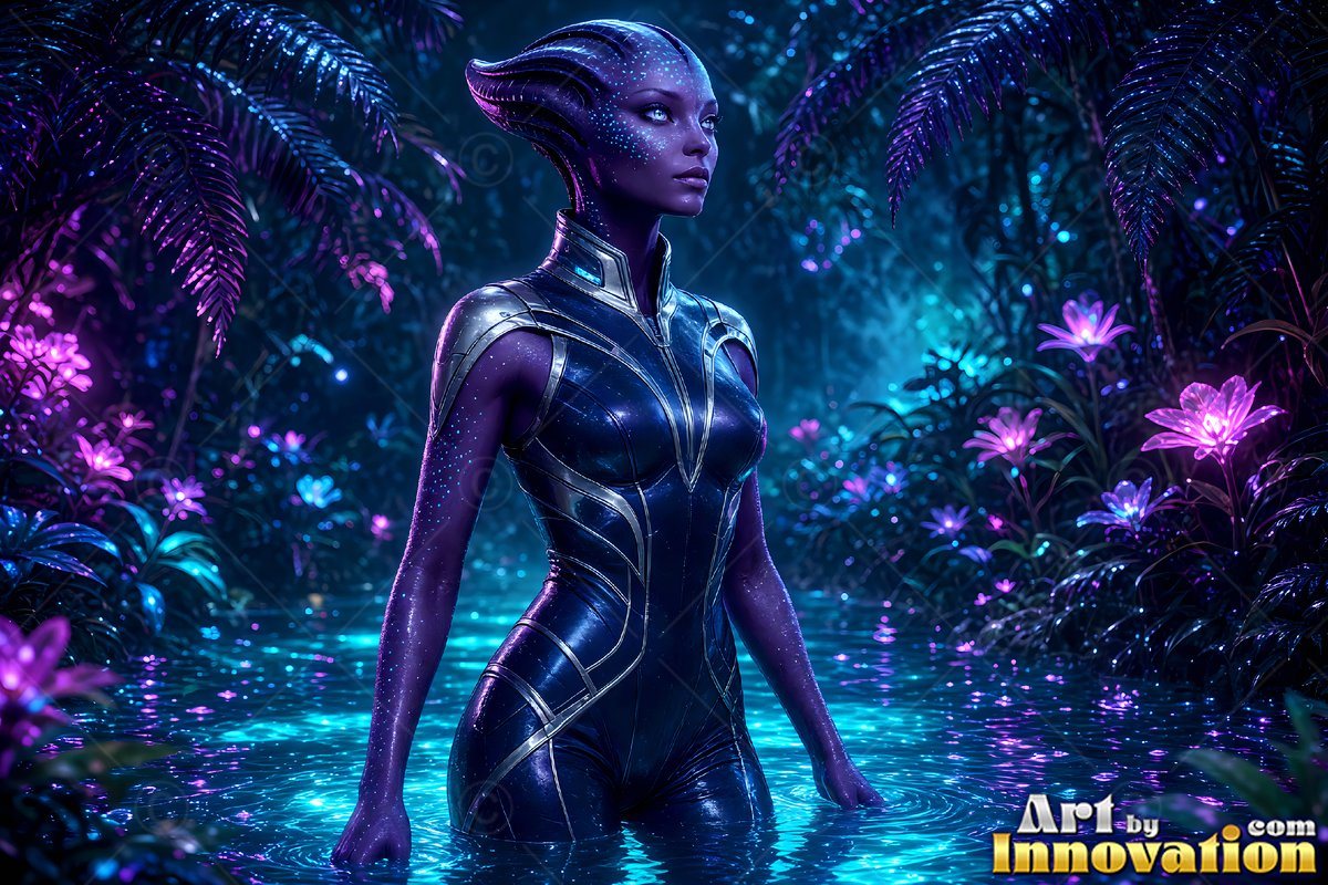 A purple alien woman in a black suit stands in blue water surrounded by pink flowers