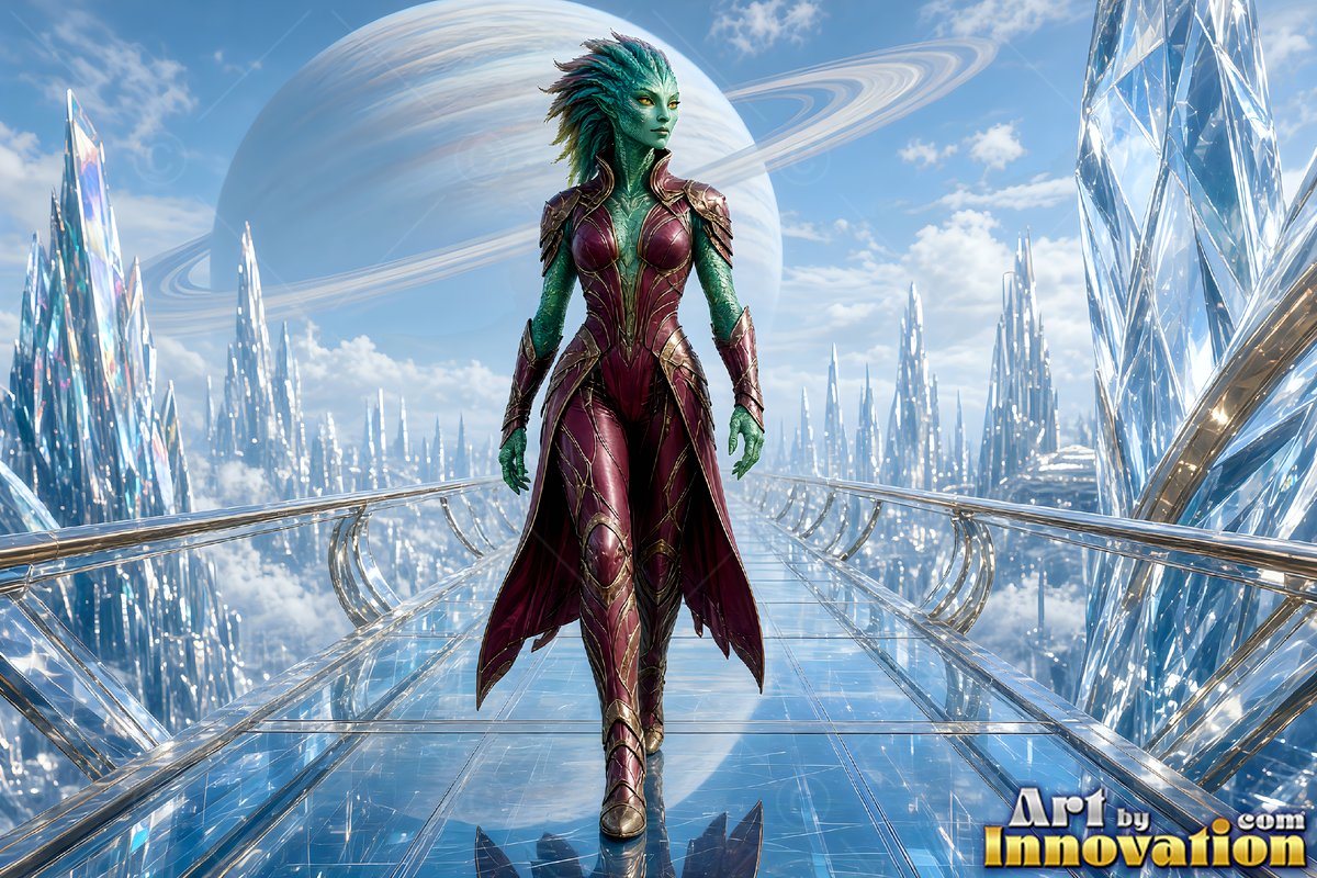 On a glass bridge near crystal spires, a green alien woman travels on foot forward in maroon armor