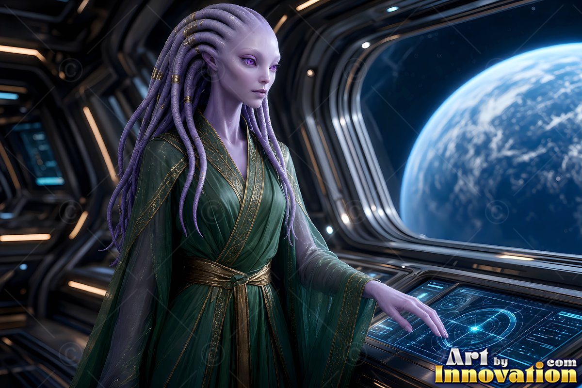 Standing by a viewport, a purple alien woman in a green robe touches a console screen