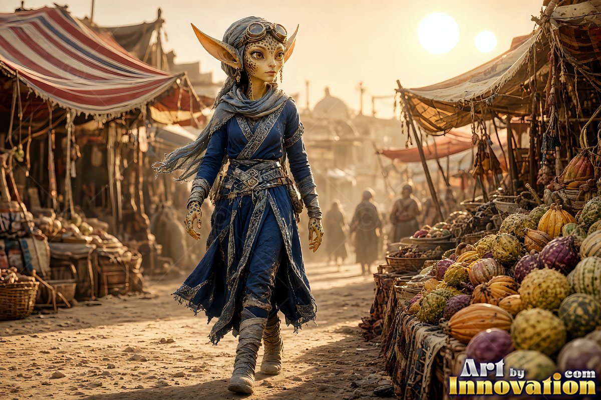 Alien woman in a blue robe walking through a desert market under two suns