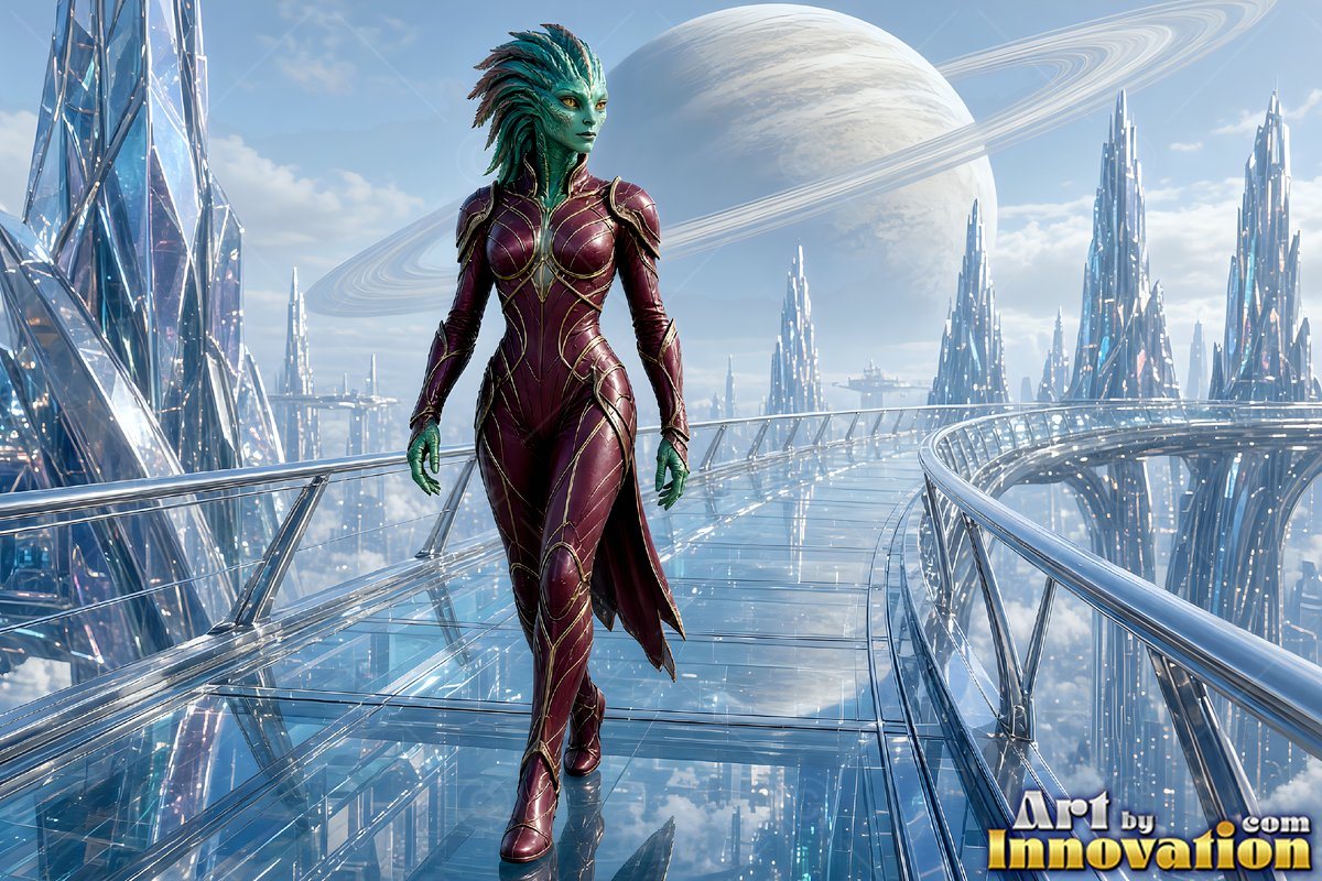 A green-skinned alien woman travels on foot forward on a glass bridge under pale blue daylight