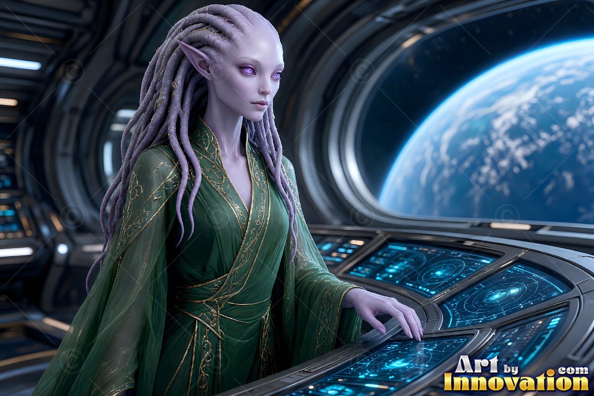 Standing in profile on a starship bridge, a purple alien woman touches controls