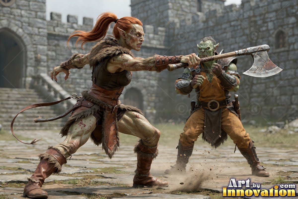 A green-skinned warrior woman swings an axe at a man in a stone courtyard