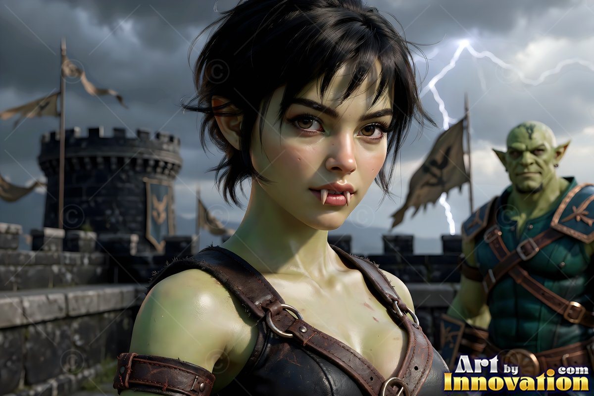 On a stone castle wall, a green-skinned woman with small tusks stands before a storm
