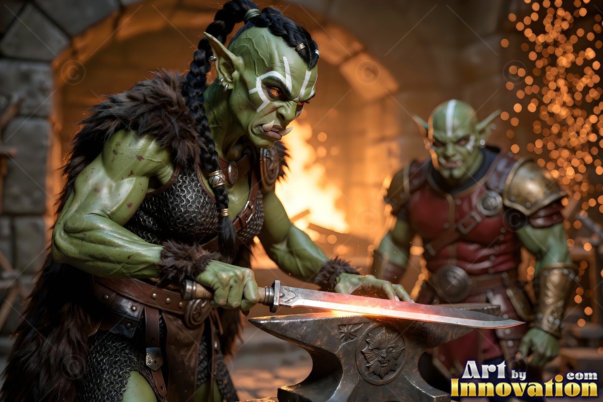 A green-skinned orc woman forges a sword on an anvil as an orc man works behind her