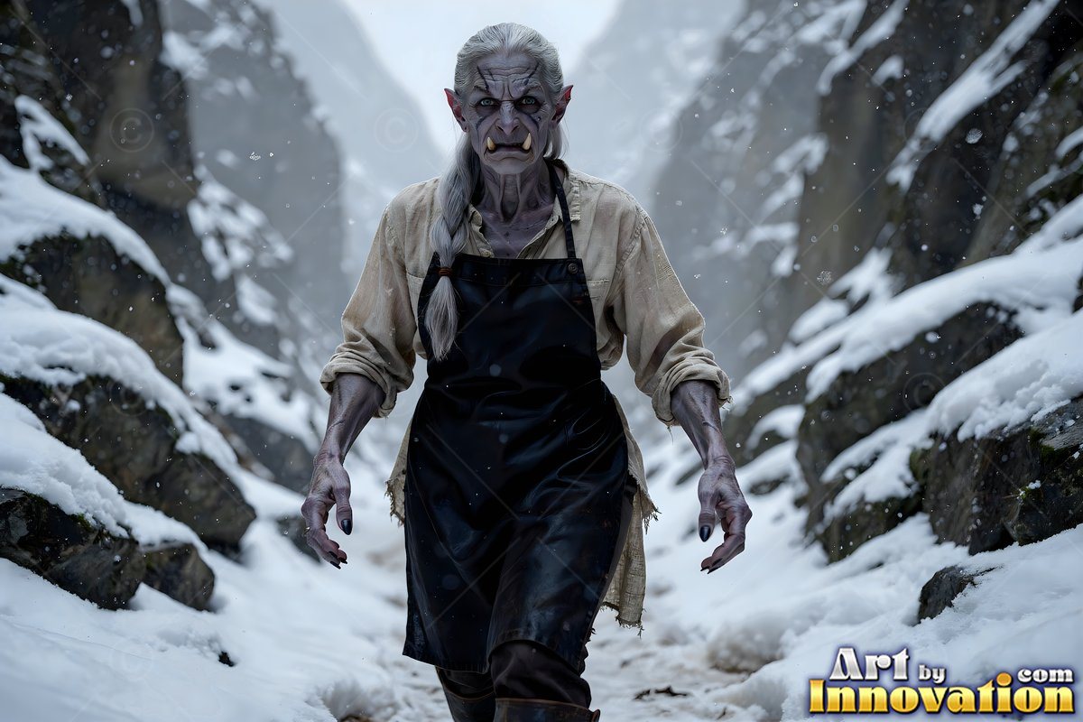 Gray alien woman with tusks in an apron walks through snow