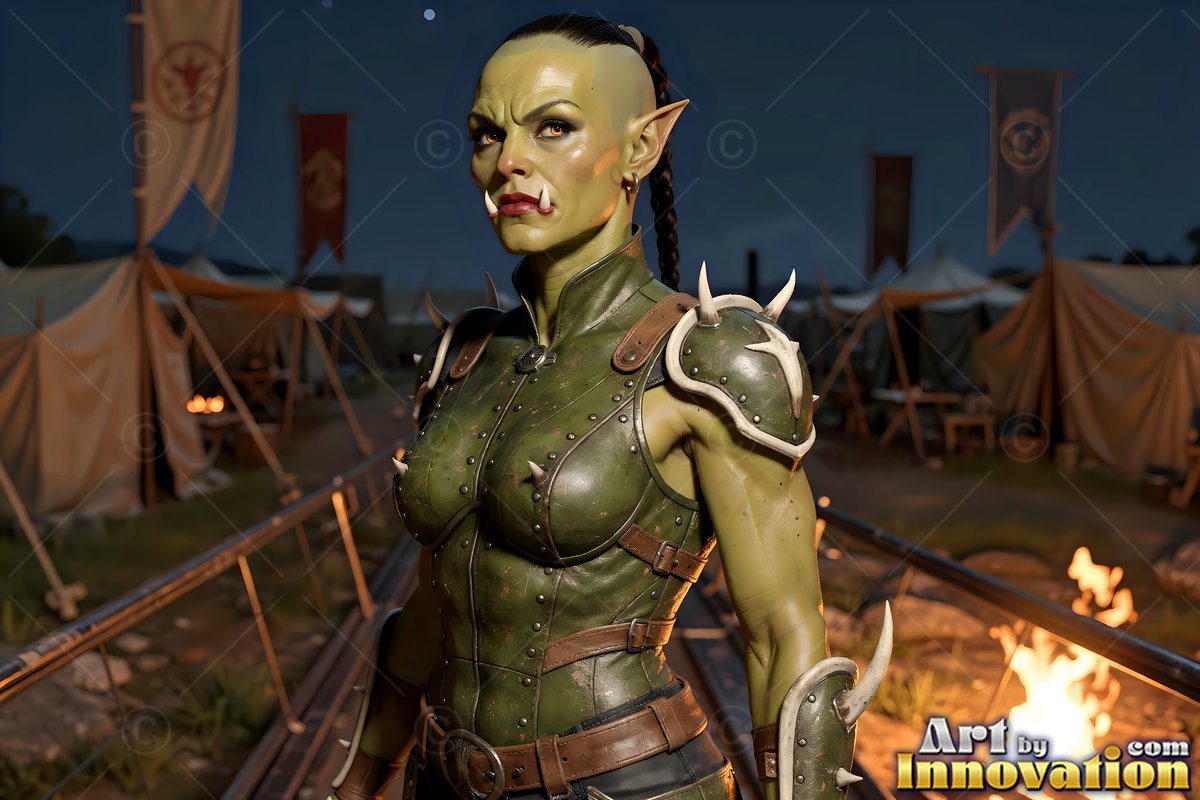 Spiked armor covers a green-skinned woman standing in a military camp at dusk