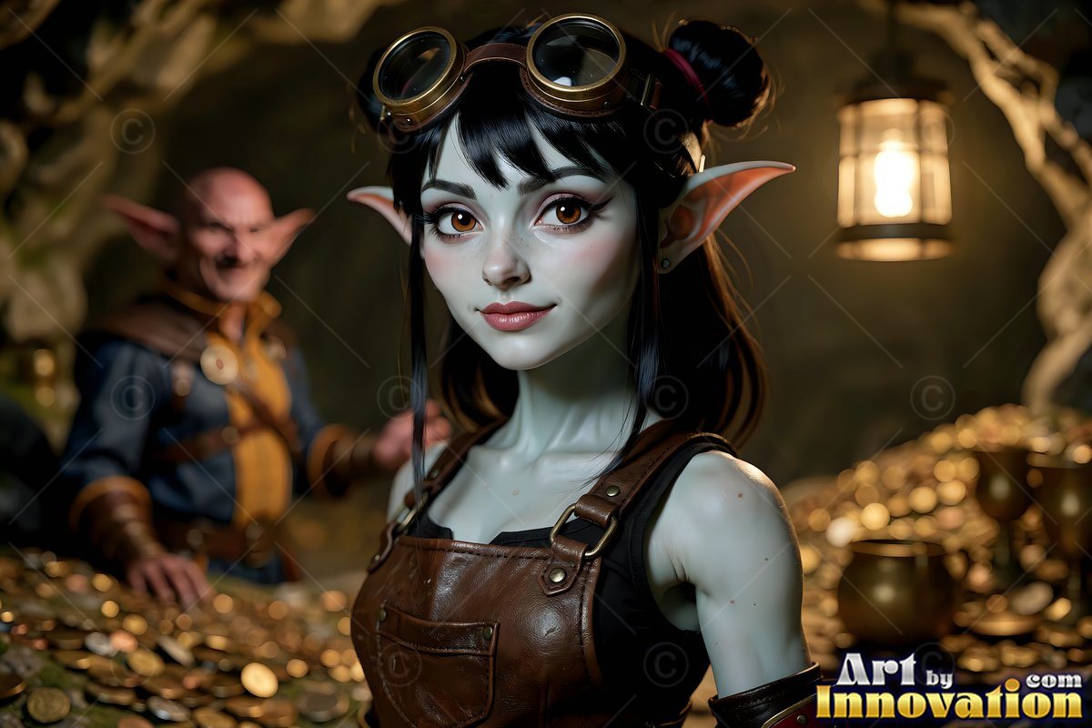 A dark-haired woman with pointed ears stands by gold coins in warm lantern light