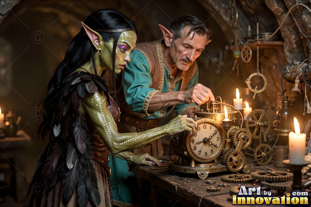 Leaning over a table in a stone workshop, a green alien woman inspects a clock