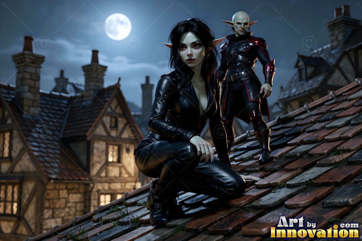 A dark-haired alien woman in black leather crouches on a tiled roof at night