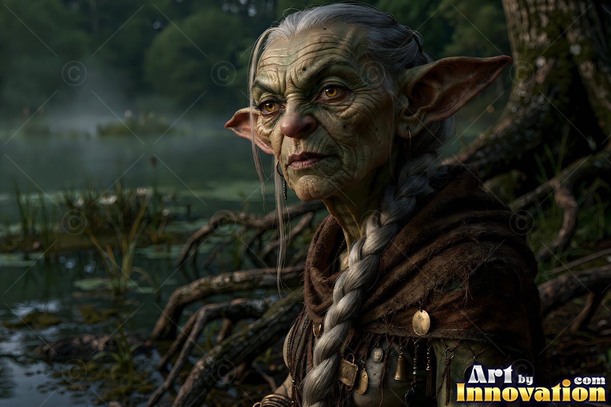 In a misty swamp, an elderly green alien woman with pointed ears looks sideways
