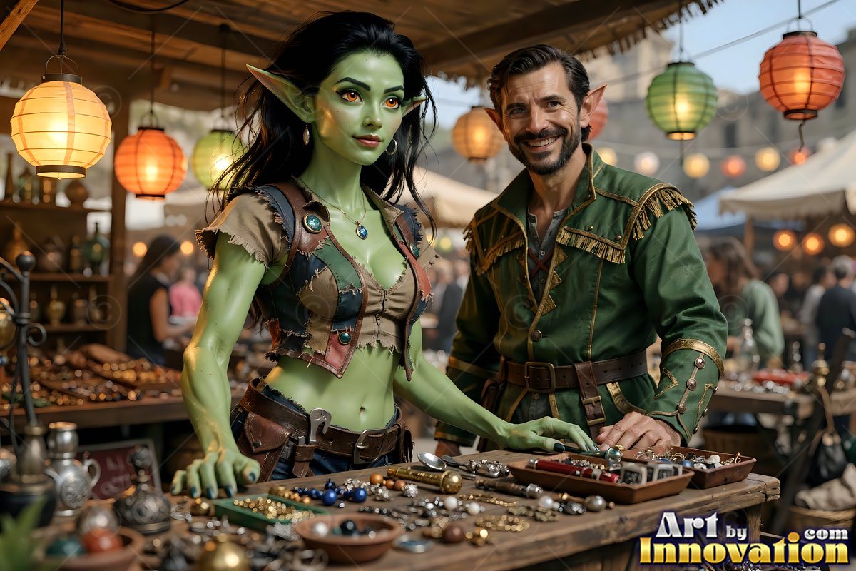 Standing at an outdoor stall, a green-skinned woman sells trinkets beside a man