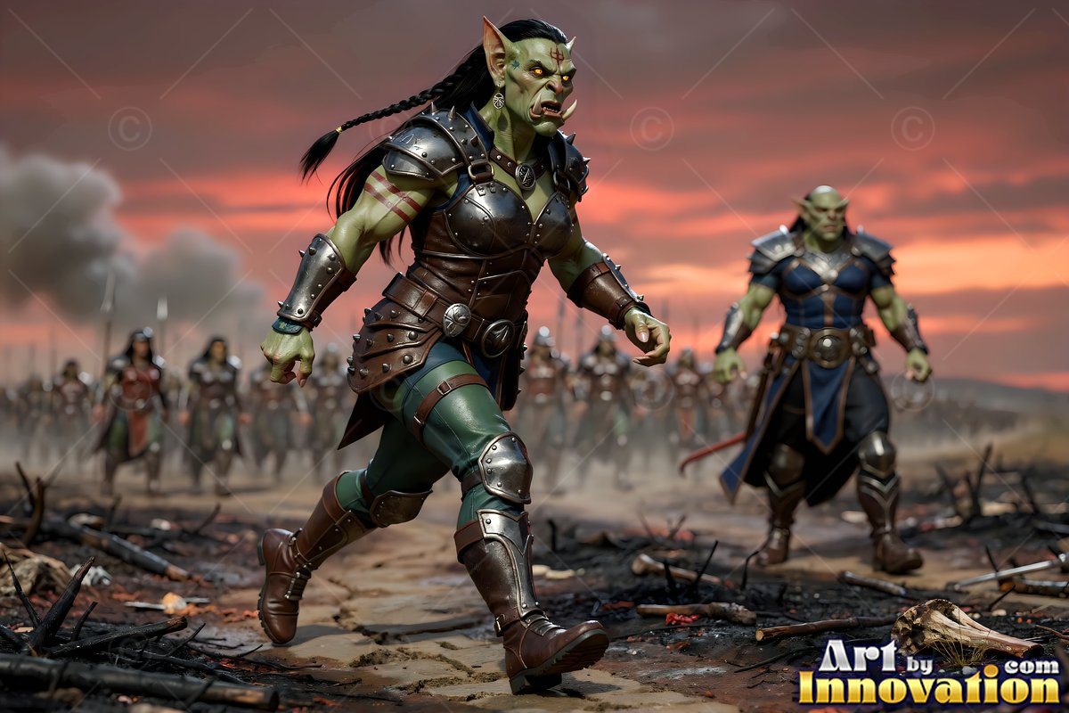 Green alien woman in metal armor running across a battlefield