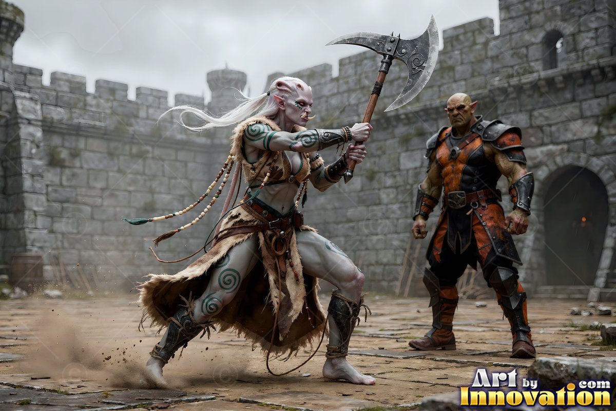 Tattooed alien woman in ragged fur raises a heavy battleaxe inside a stone arena courtyard