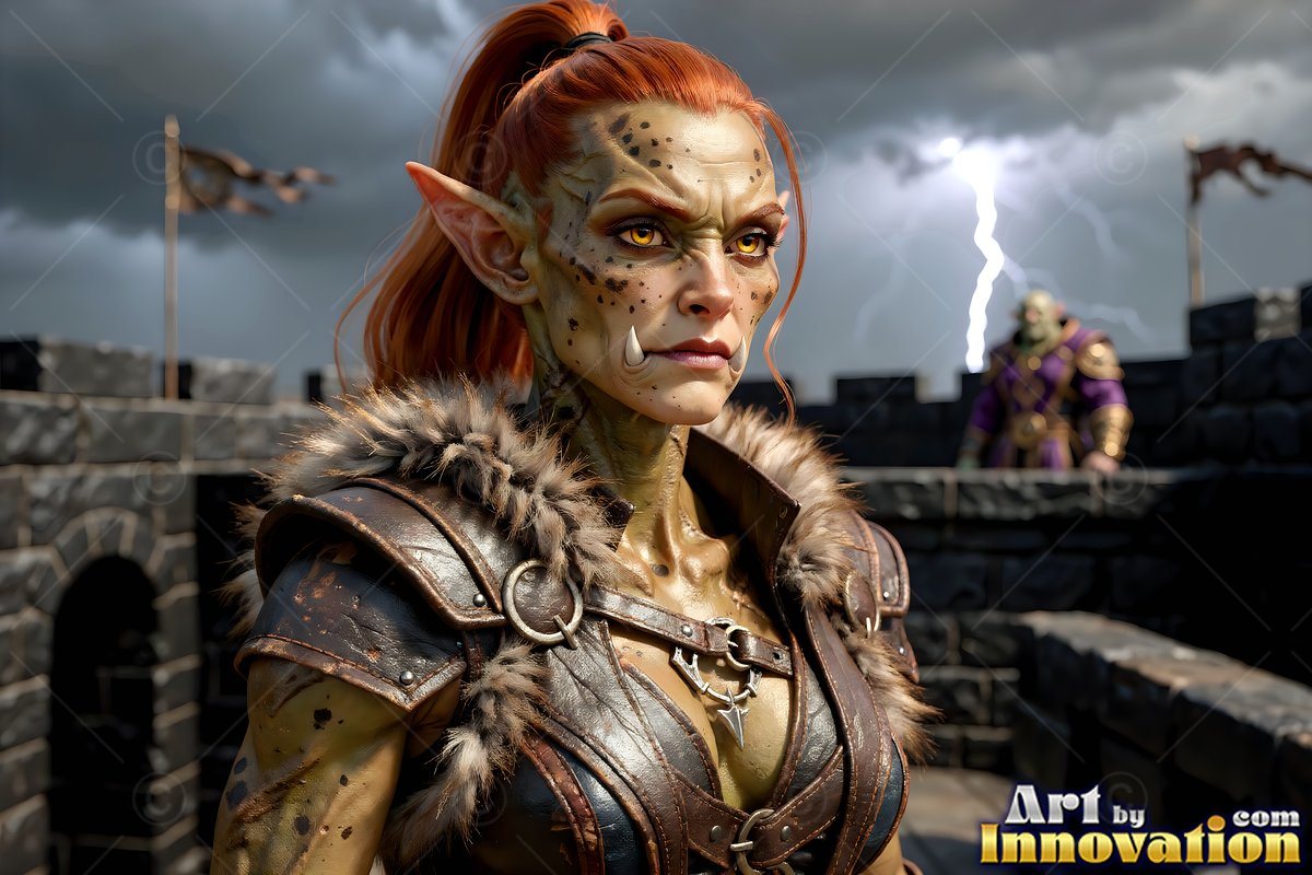 A green alien woman stands on a stone fortress as white lightning splits the dark sky