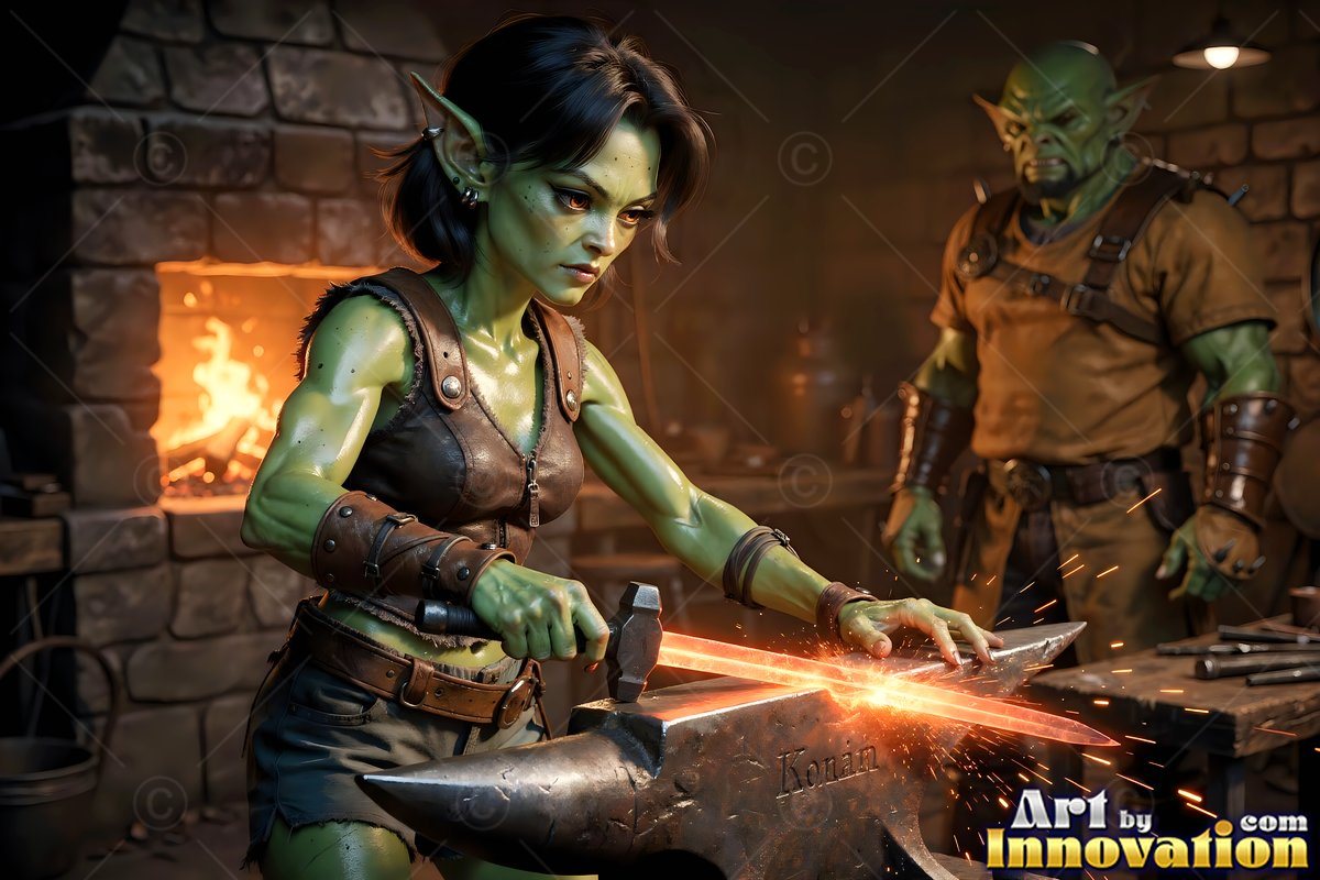 Bending over an anvil in a stone forge, a green goblin woman hammers hot metal