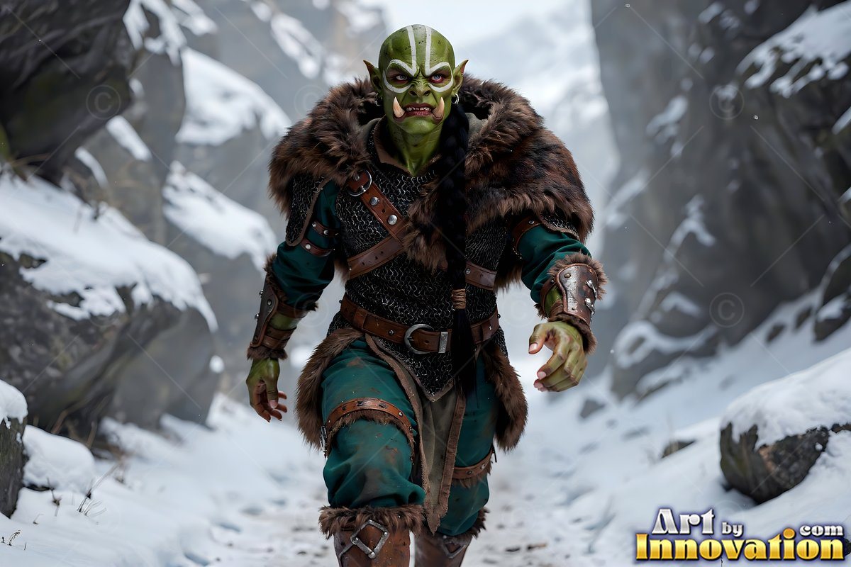 A green-skinned orc woman walks through a snowy mountain pass in fur armor