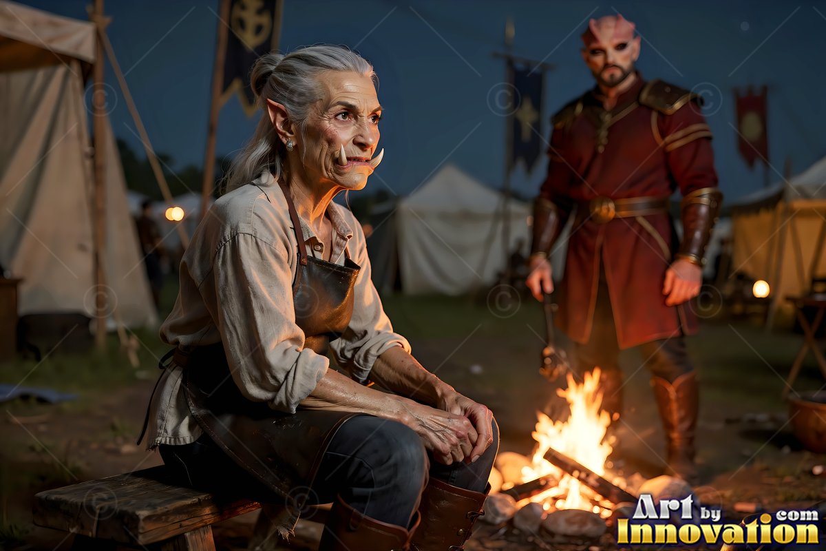 In a camp at night, an older alien woman sits on a bench by a campfire