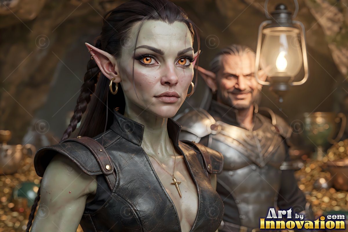 Standing in a dim cave, a pale green alien woman wears dark leather beside a lantern light