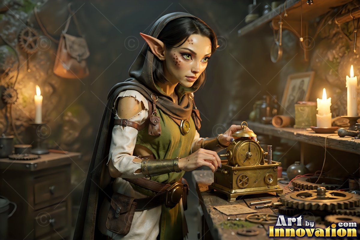 Alien woman with pointed ears works on a brass clock by candlelight
