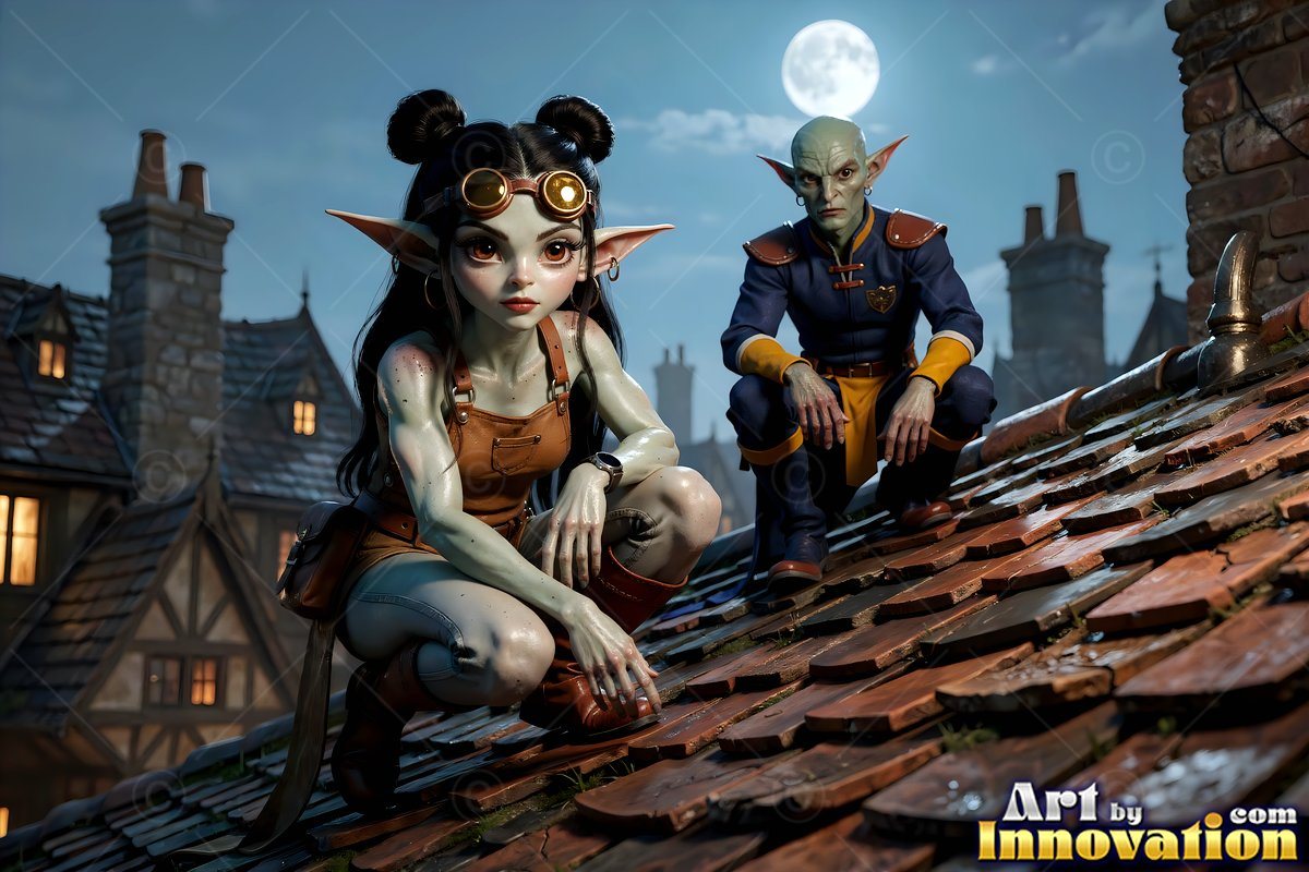 Goggles pushed up on her dark hair, an alien woman crouches on a tiled roof under a full moon