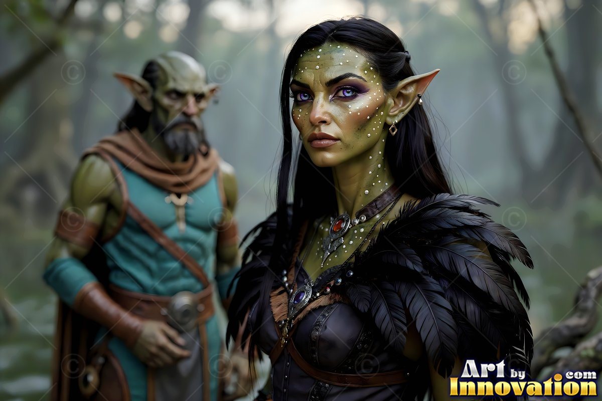 A green alien woman stays in place in a misty swamp under soft, muted daylight