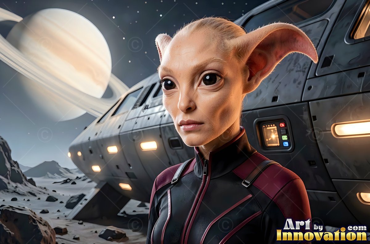 Facing forward on a rocky moon, an alien woman stands beside a spaceship