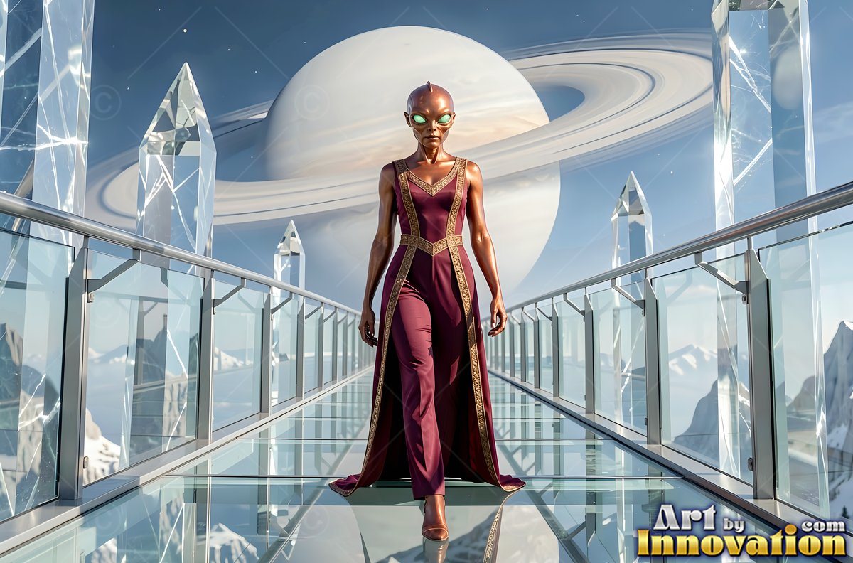 An alien woman in a maroon outfit walks down a glass walkway toward a ringed planet