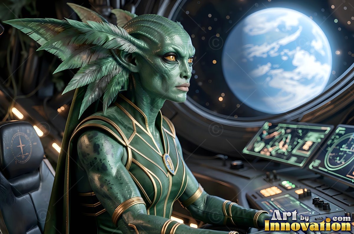 On a spaceship bridge, a green alien woman with crested ears pilots controls near a planet window
