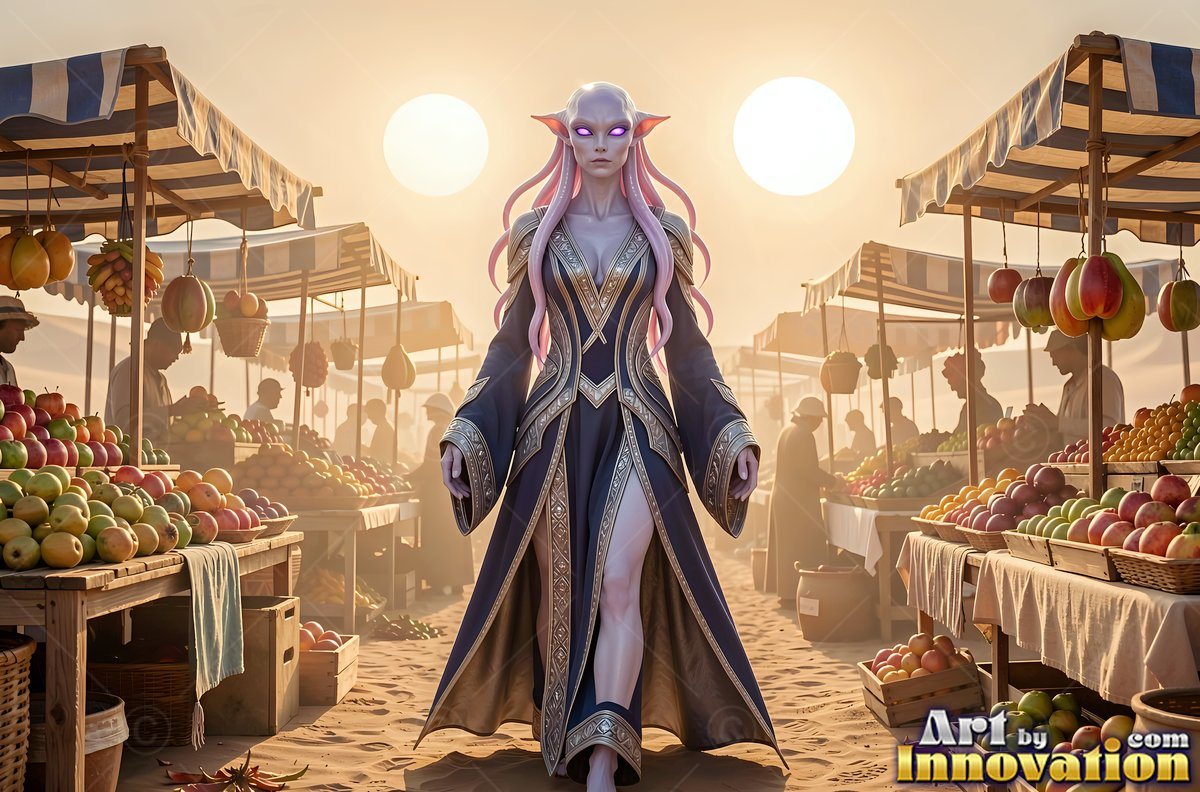 Walking down a desert market, an alien woman wears a dark robe under two bright suns