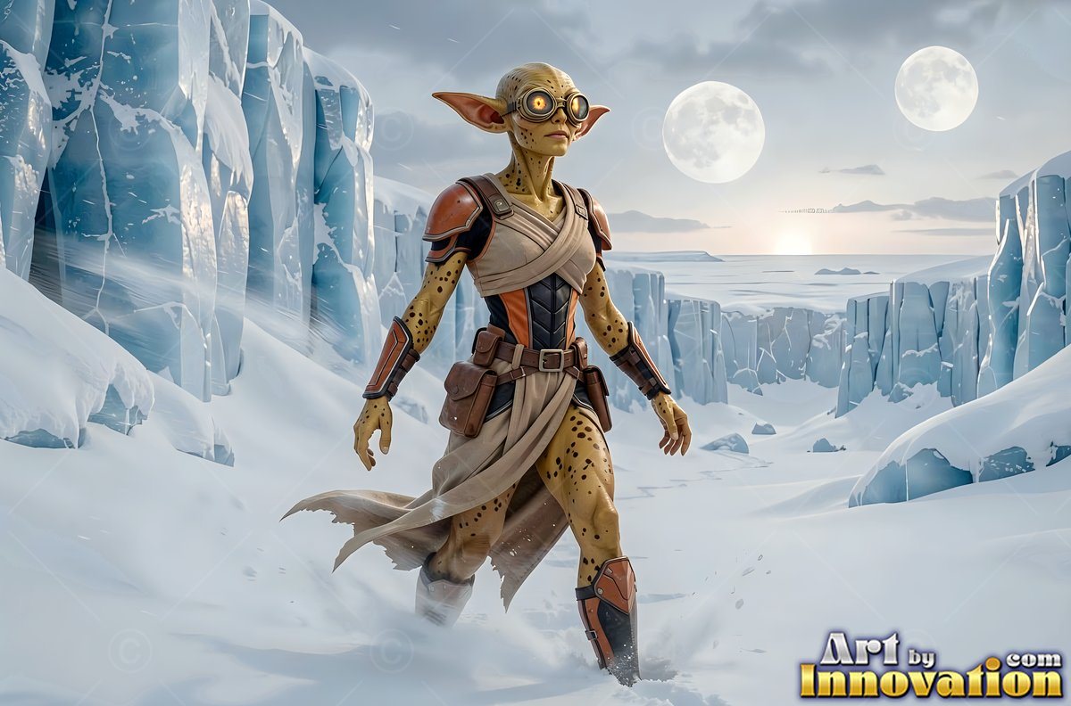 A yellow alien woman in goggles walks through snowy ice canyons