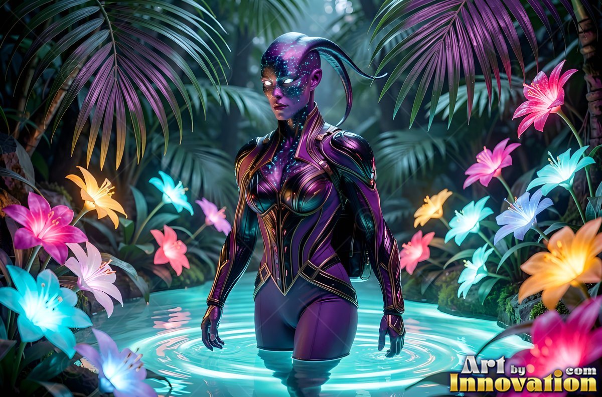 Curved head crest on a purple alien woman wading in water ringed by bright flowers
