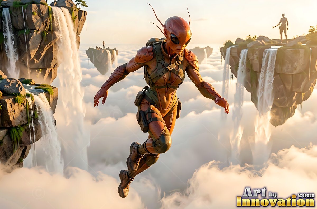 An alien woman leaps between floating islands in the warm morning sunlight