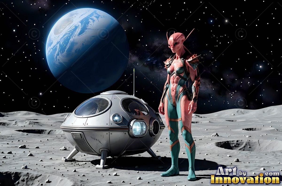 Standing on a gray moon, a pink alien woman poses by a small spacecraft