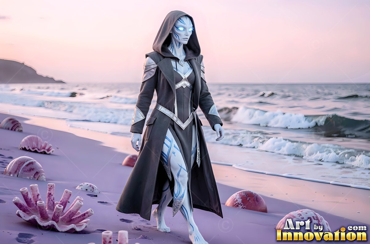 A blue-skinned alien woman strolls along a beach in a dark hooded coat