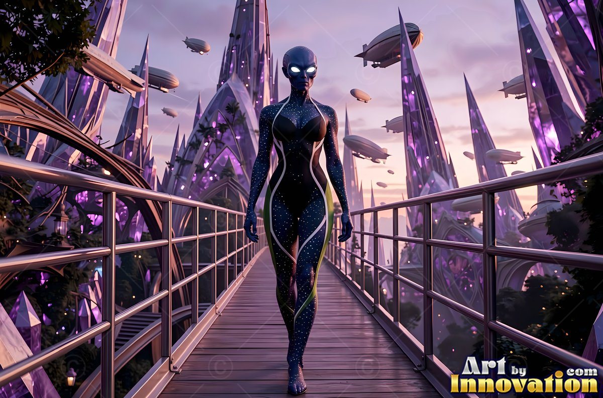 On a high bridge in a purple crystal city, a dark alien woman strolls forward