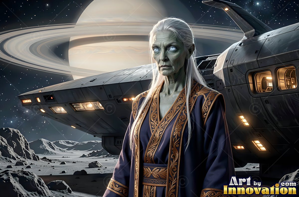 Standing by a gray spaceship, a pale alien woman wears dark robes on a rocky moon