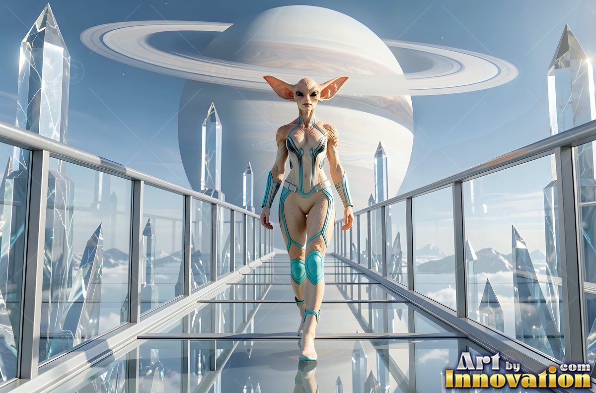 Alien woman with large ears walks on a glass bridge before a ringed planet