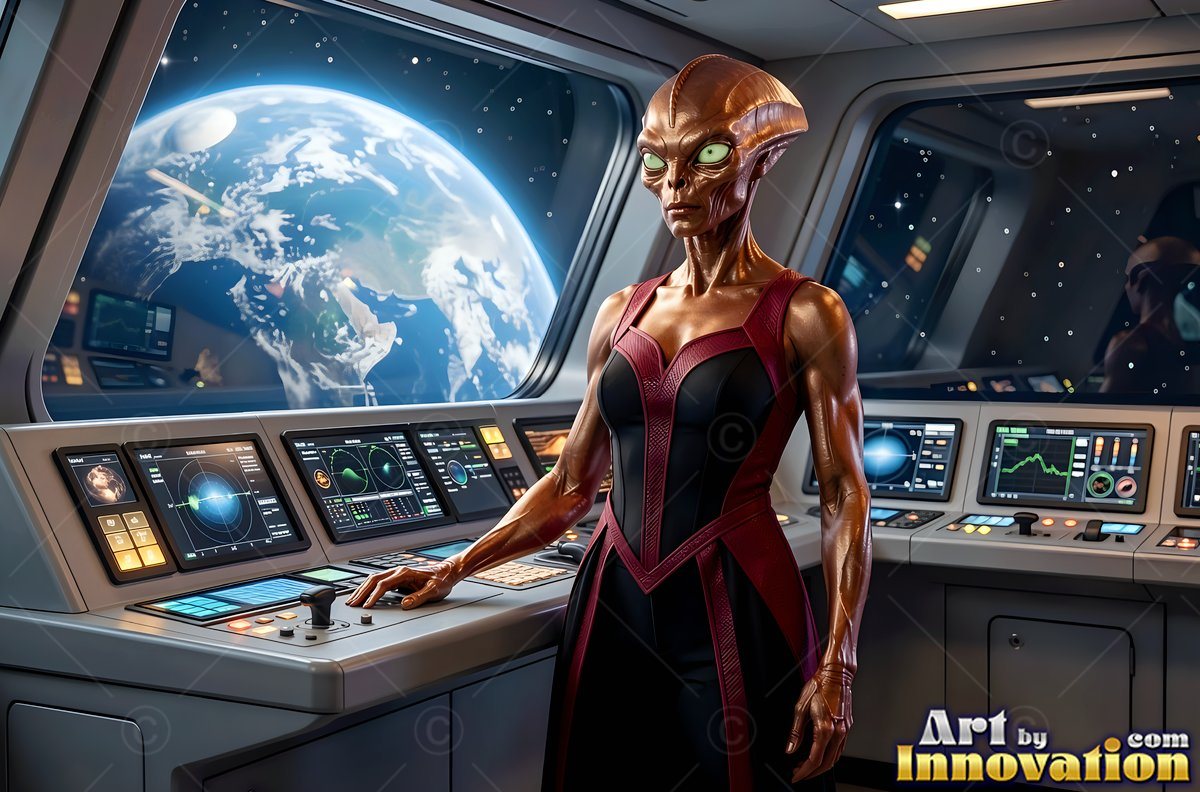 Bronze skin on an alien woman in a red suit on a spaceship bridge before Earth